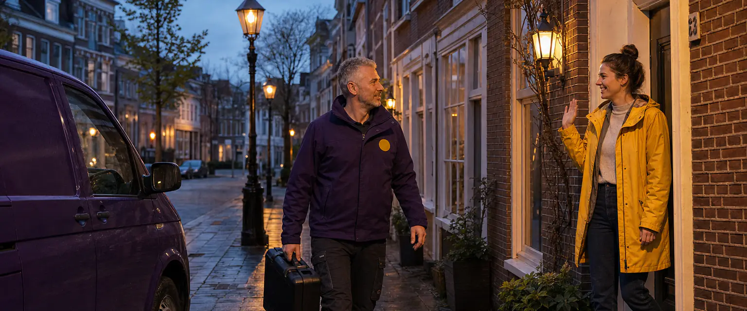 Slotenmaker komt 's avonds met zijn koffer aan bij een woning in Bergen op Zoom waar de bewoonster wacht